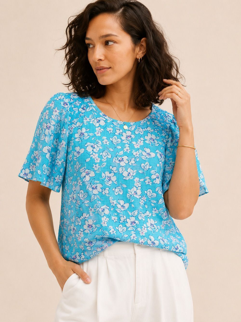 Draper James Floral Puff Sleeve Smocked Blouse Blue Size S NWT Summer Casual